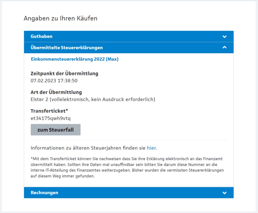 Benutzerprofil - Übermittelte Steuererklärungen